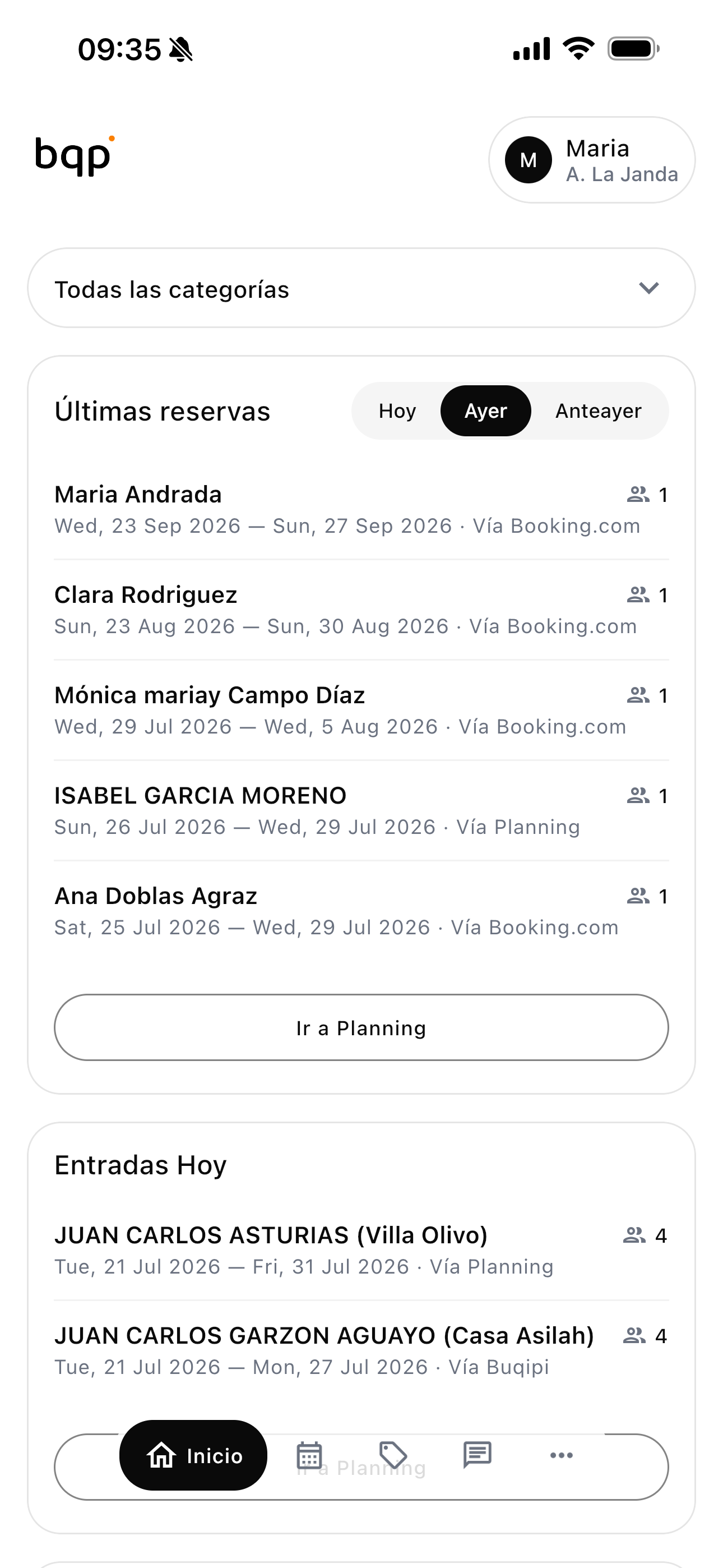 Inicio de la app con últimas reservas y entradas del día
