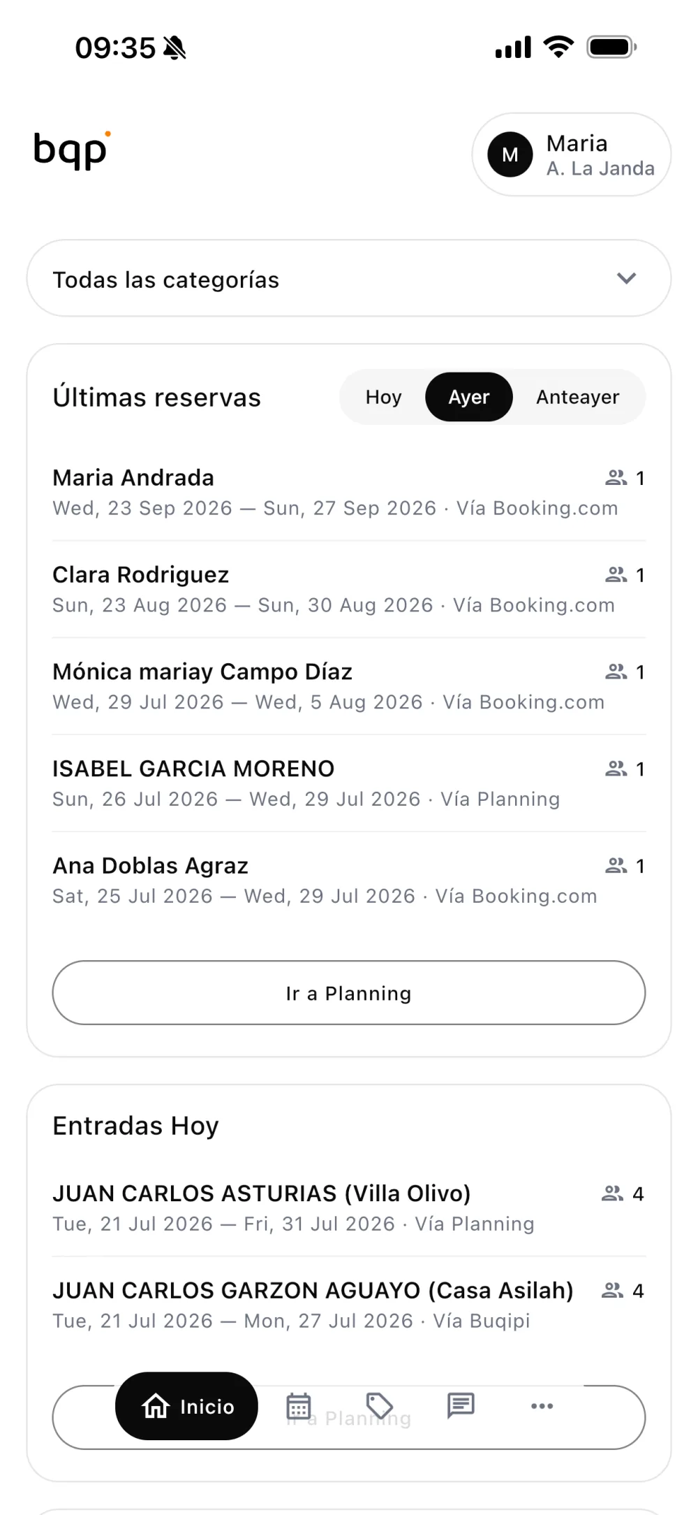 Inicio de la app de Buqipi con reservas y entradas del día