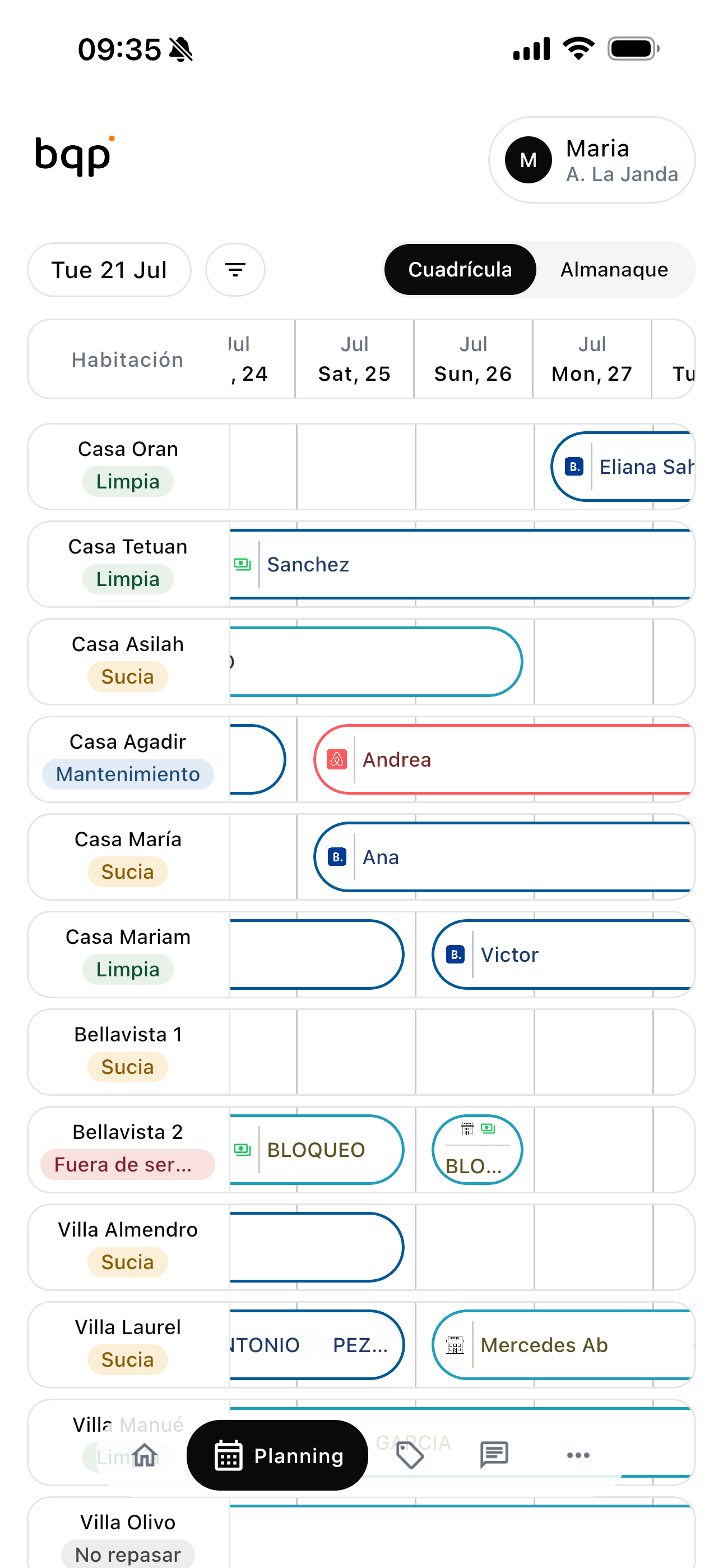 Planning de habitaciones y reservas en la app