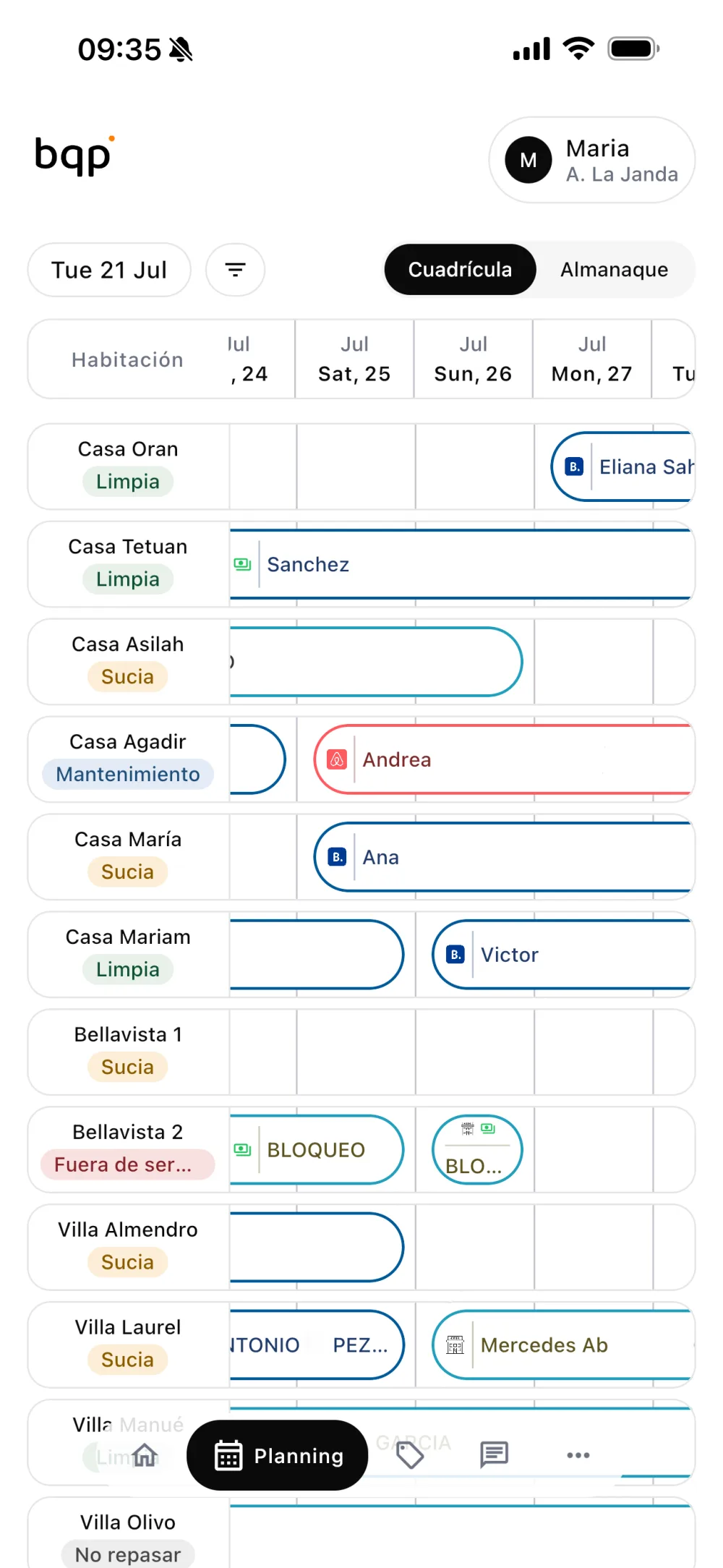 Planning de habitaciones y reservas en la app de Buqipi