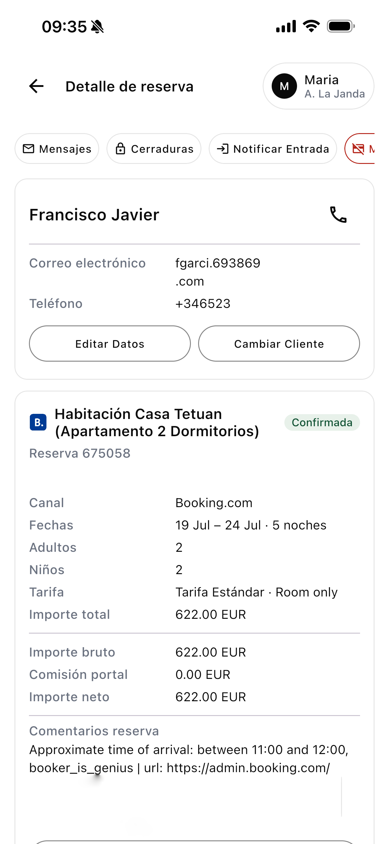 Detalle de una reserva en la app de Buqipi