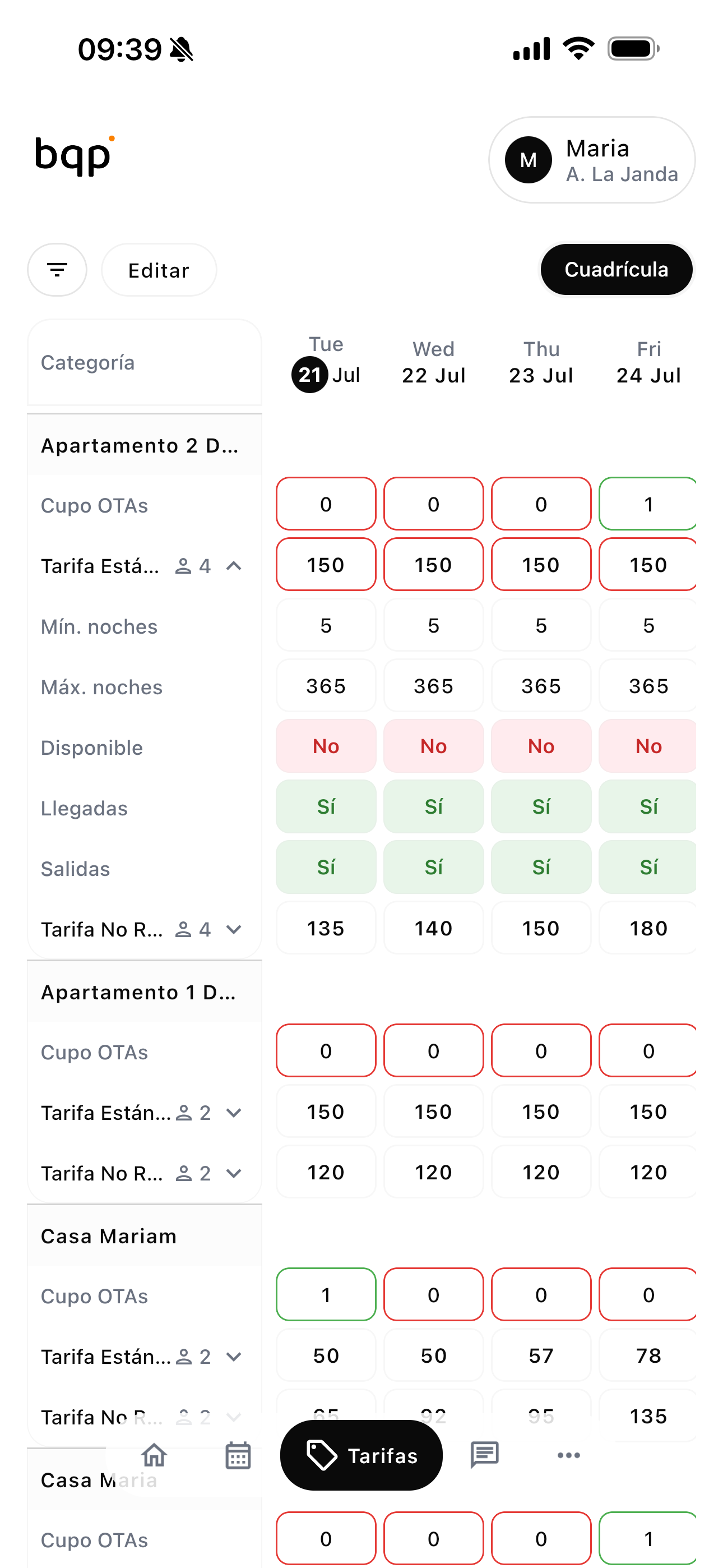 Disponibilidad y tarifas por alojamiento y fecha