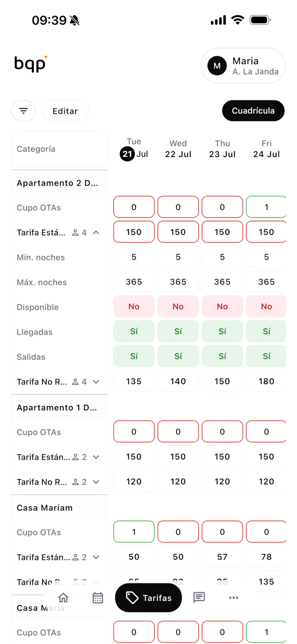 Disponibilidad y tarifas por alojamiento y fecha en la app